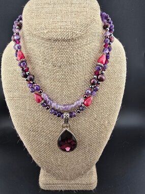 Barse 925 Sterling Silver Purple & Red Faceted Double Strand Necklace 62 grams